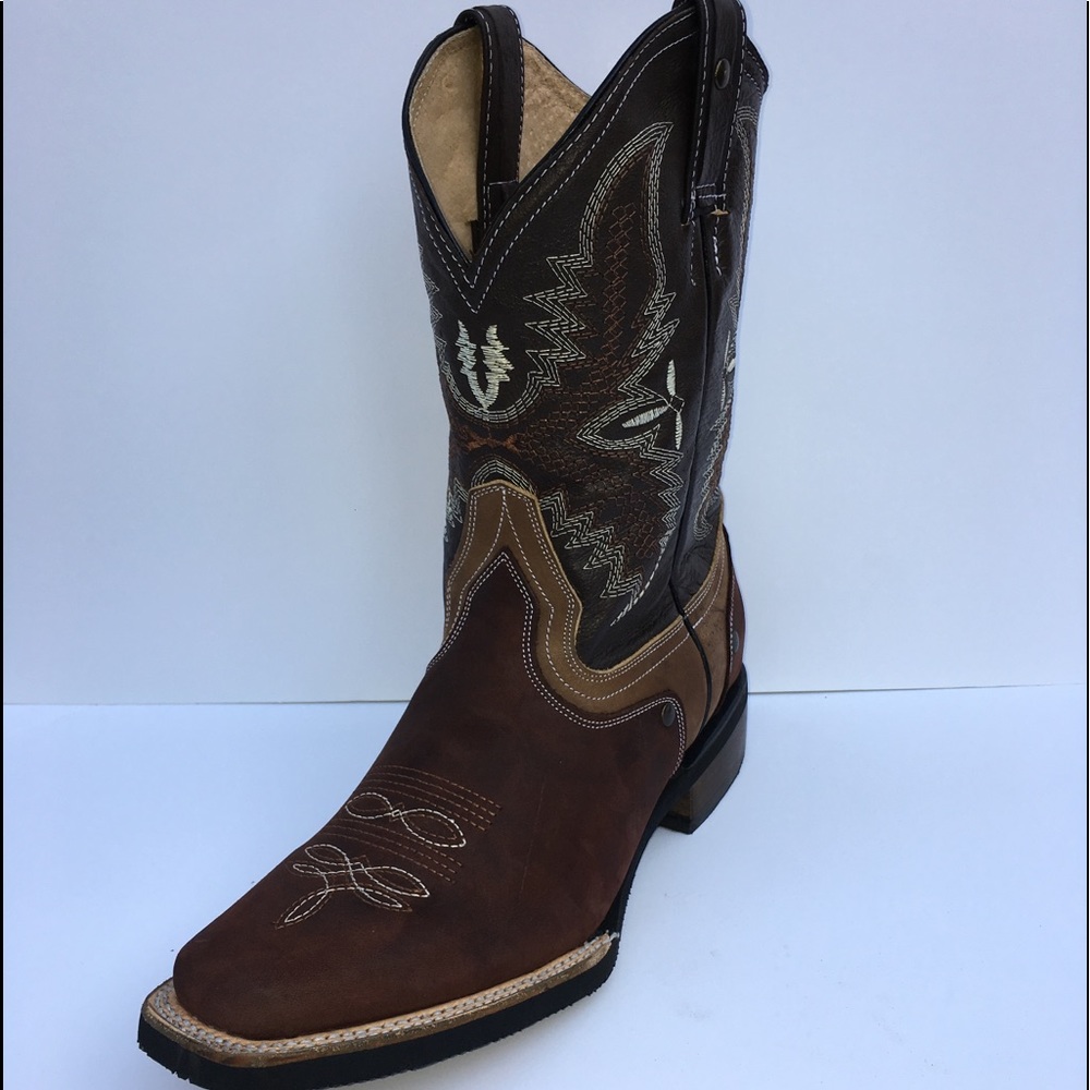 MEN'S WESTERN RODEO COWBOY BOOTS GENUINE LEATHER SQURE TOE BOTAS DE PIEL CAFÉ